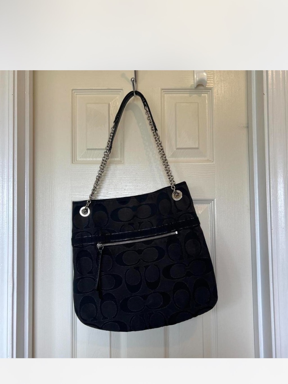 Coach Black Signature Jacquard Shoulder Bag with Chain Strap